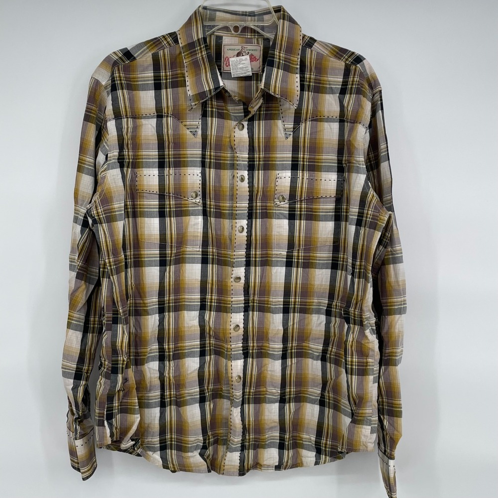 Wrangler‎ Mens Western Plaid Long Sleeve Snap Button Shirt L Beige Brown Black